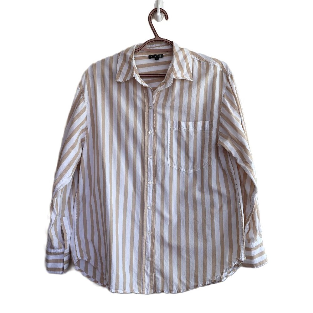 Tan/White Striped Button Up Shirt - Size S - Ladies Relaxed Fit Blouse